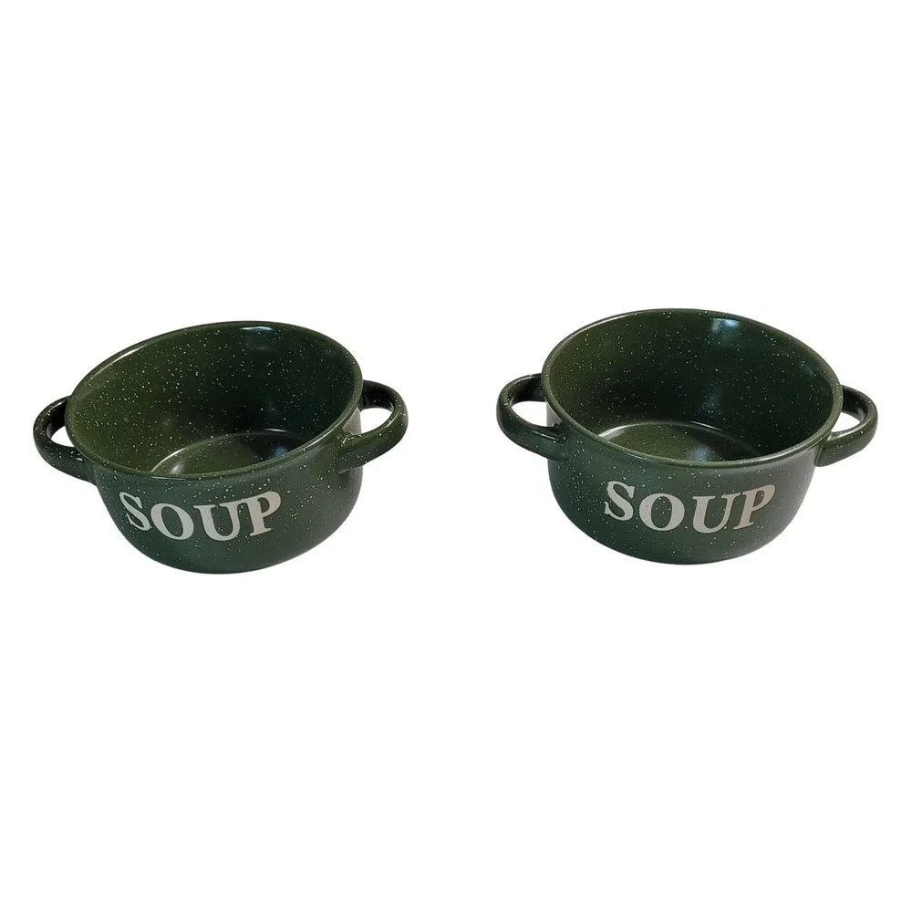 California Pantry Soup Bowls Green Speckled Ceramic Double Handle Set of 2 OS